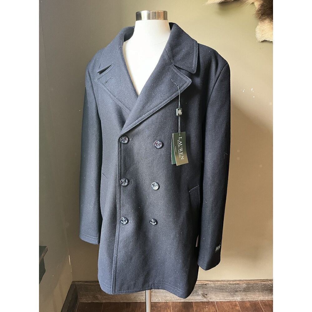 Lauren Ralph Lauren Double Breasted Anchor Button Wool Blend Overcoat NWT XL Blu